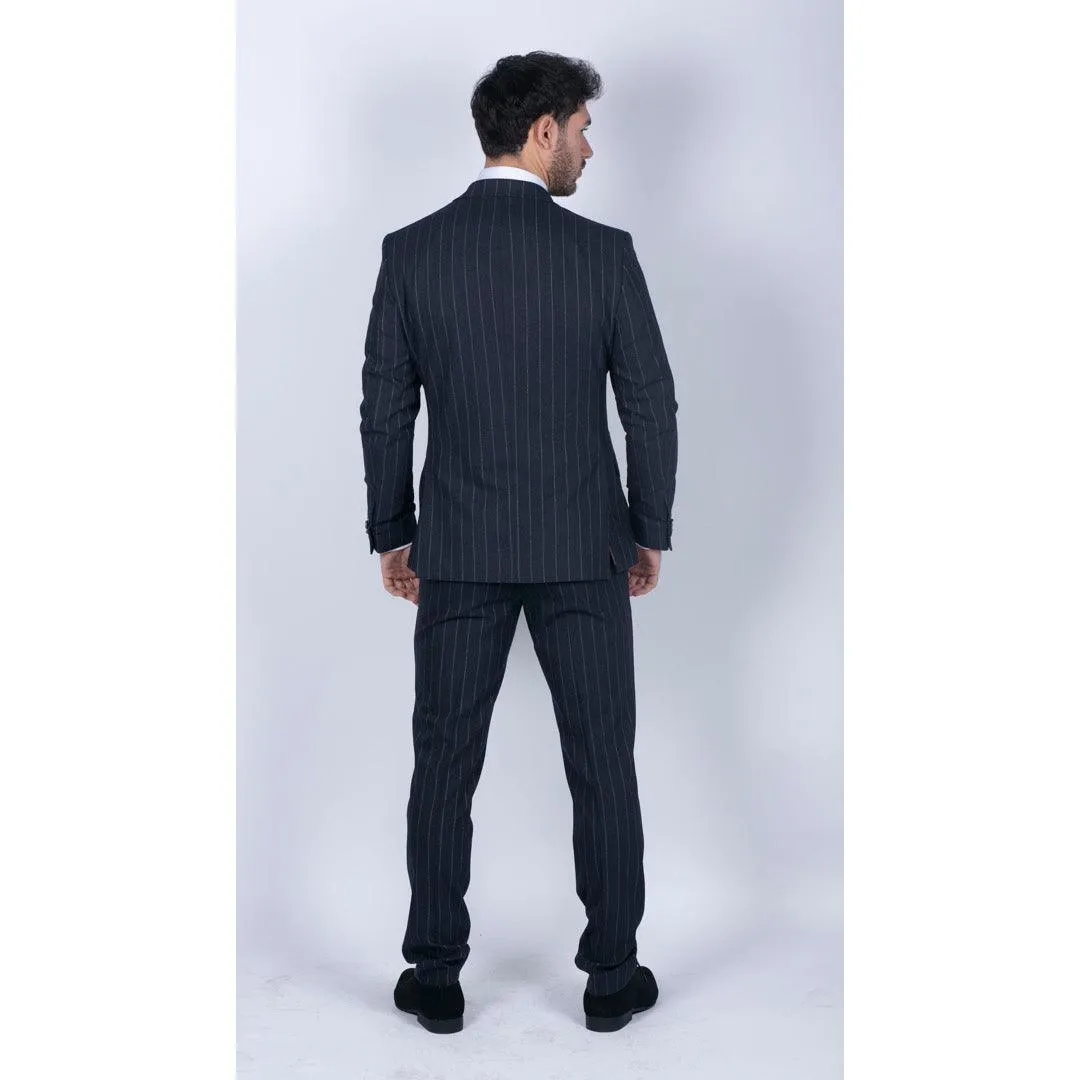 Mens 3 Piece Suit Pin Stripe Navy Classic Vintage Retro 1920s Tailored Fit Wedding