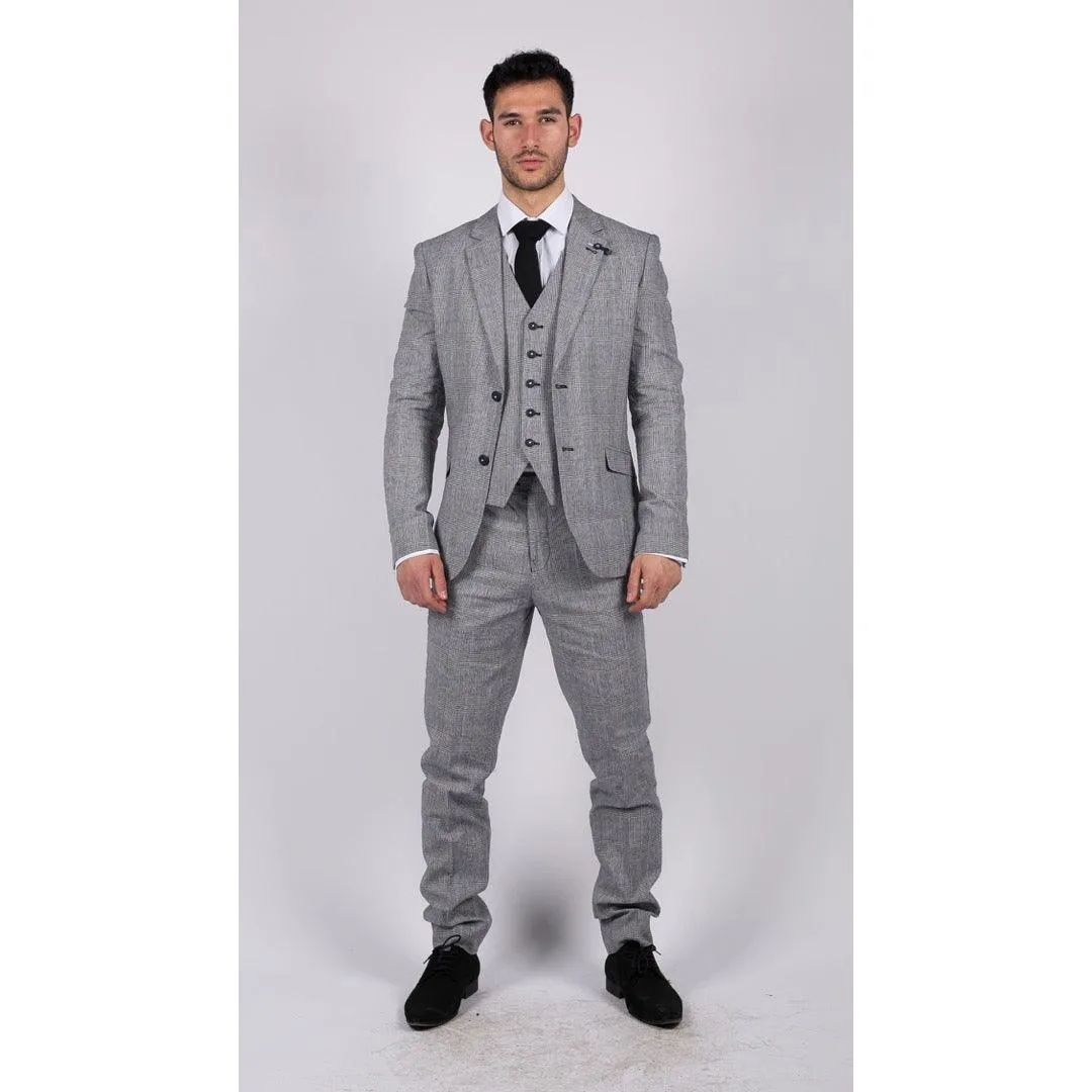 Mens 3 Piece Summer Suit Grey Check Blue Black Tailored Fit Classic Wedding Formal