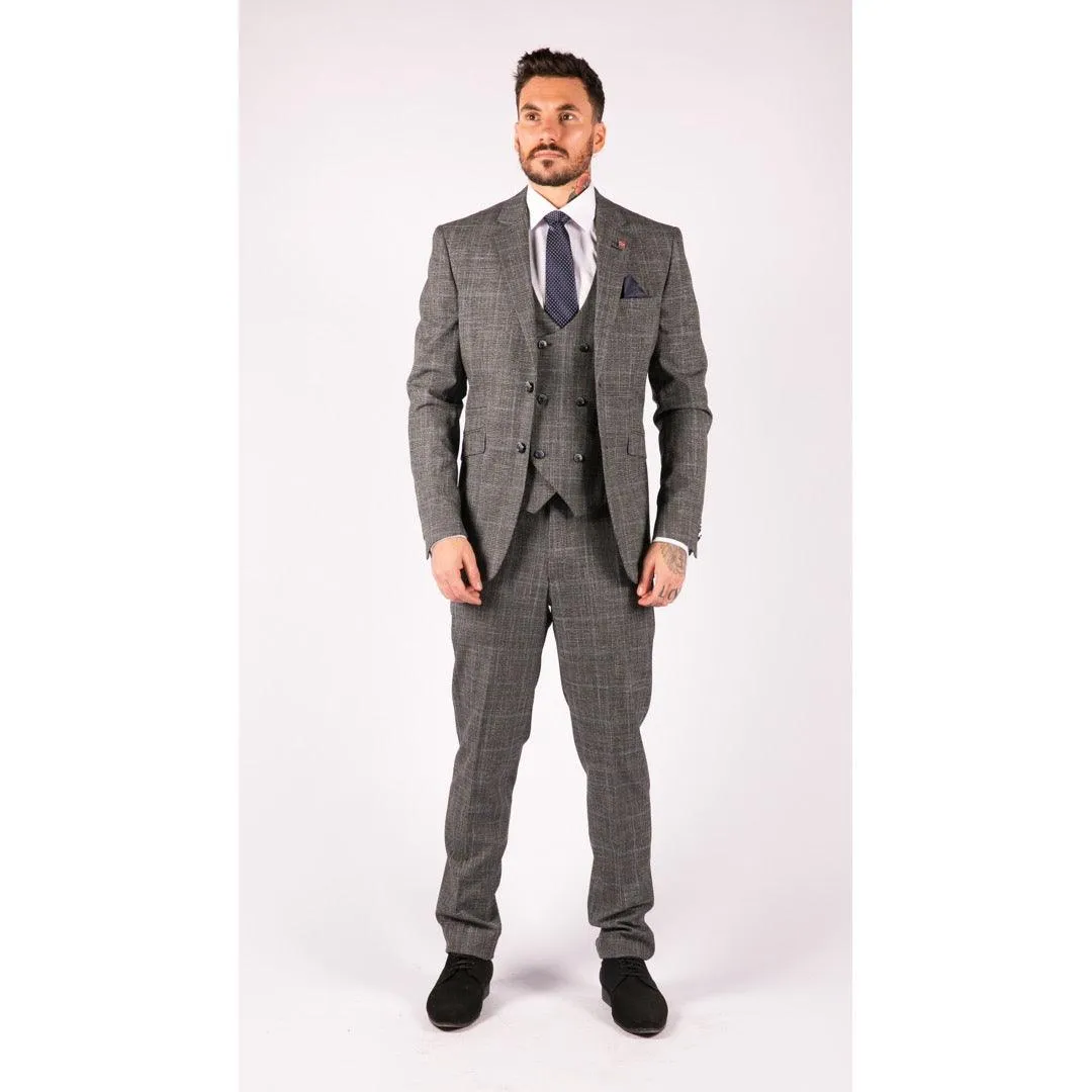 Mens 3 Piece Tailored Fit Suit Check Grey Blue Double Breasted Vintage Wedding