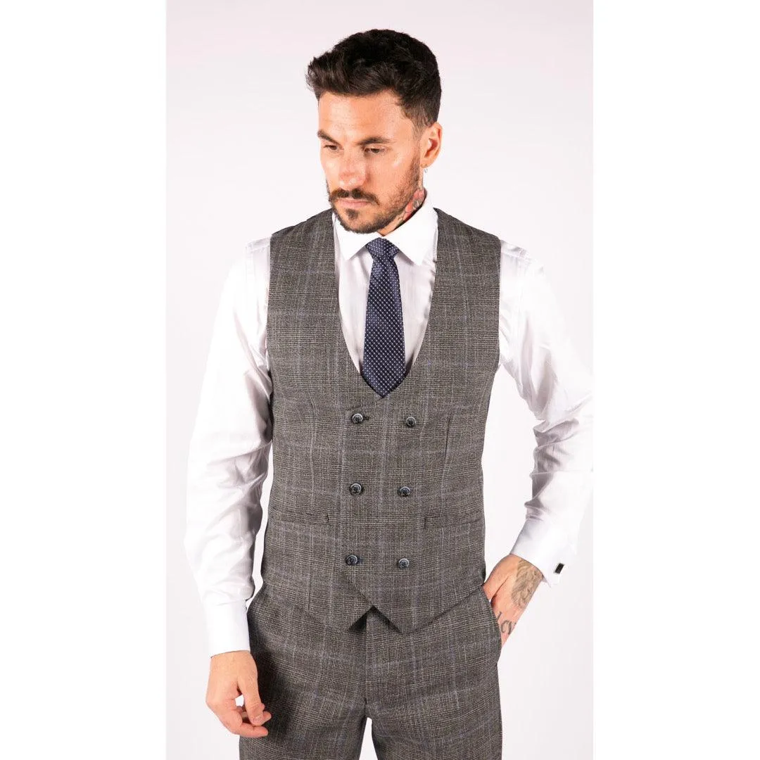 Mens 3 Piece Tailored Fit Suit Check Grey Blue Double Breasted Vintage Wedding