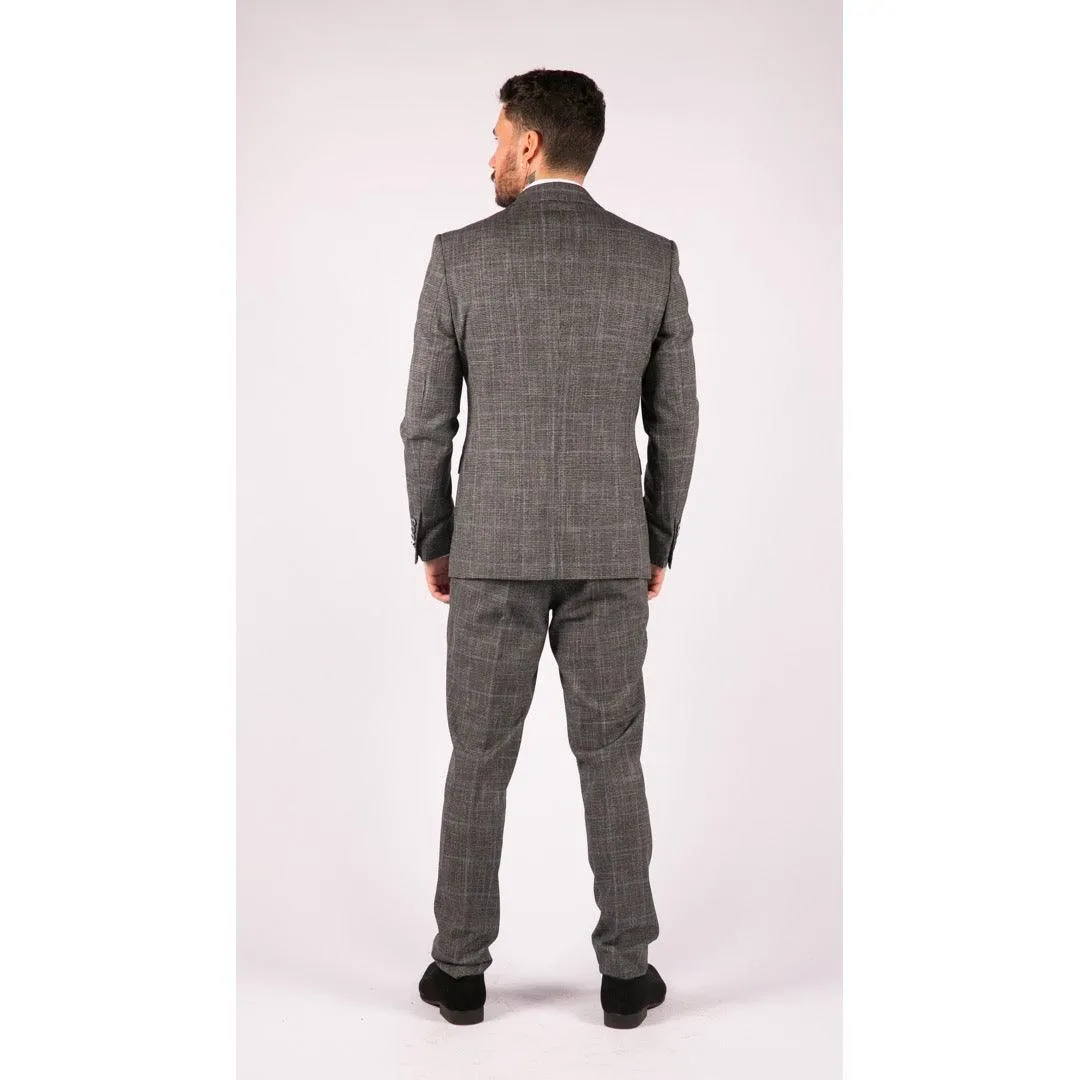 Mens 3 Piece Tailored Fit Suit Check Grey Blue Double Breasted Vintage Wedding