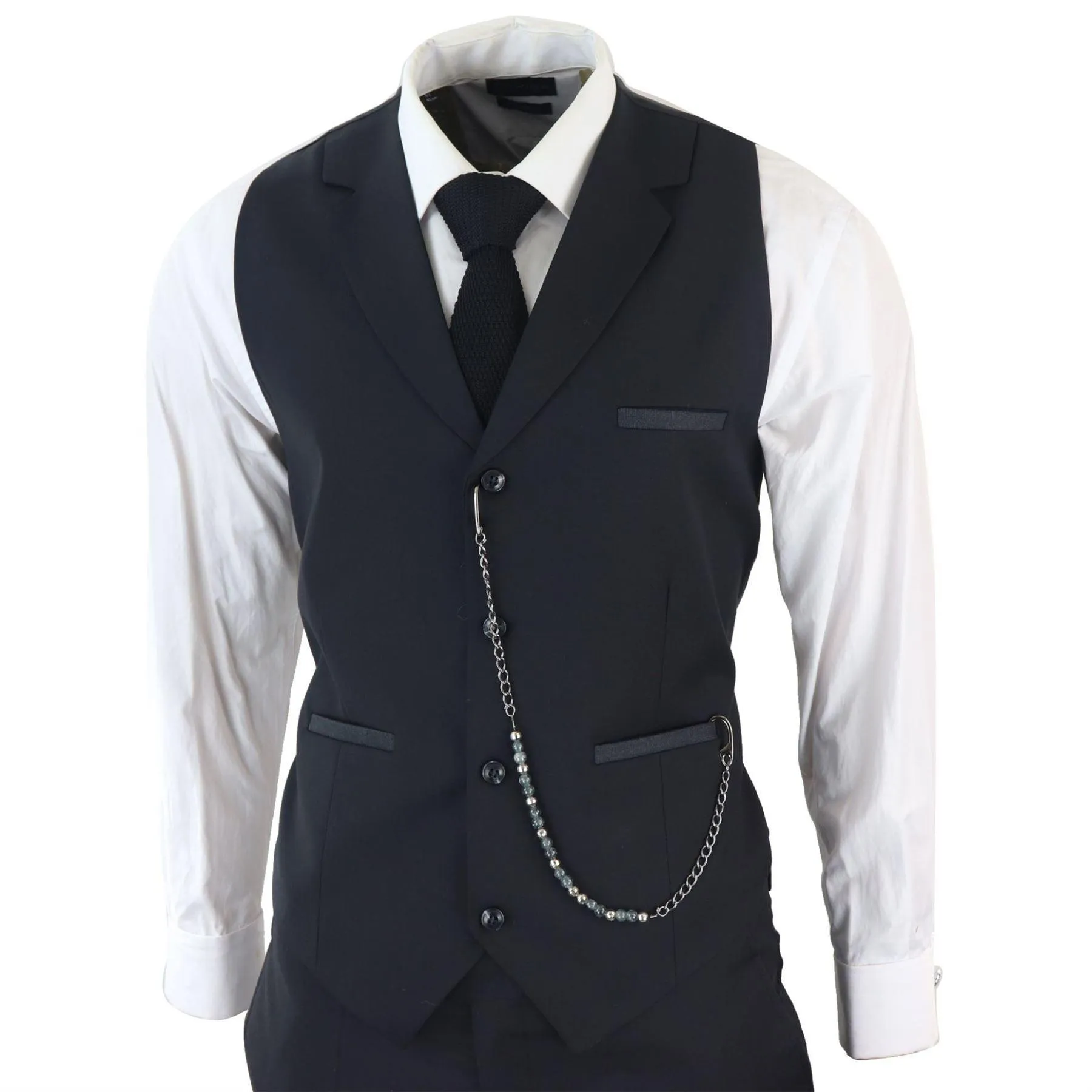 Mens Classic 3 Piece Suit Black Pocket Chain Wedding Tailored Fit Vintage Formal