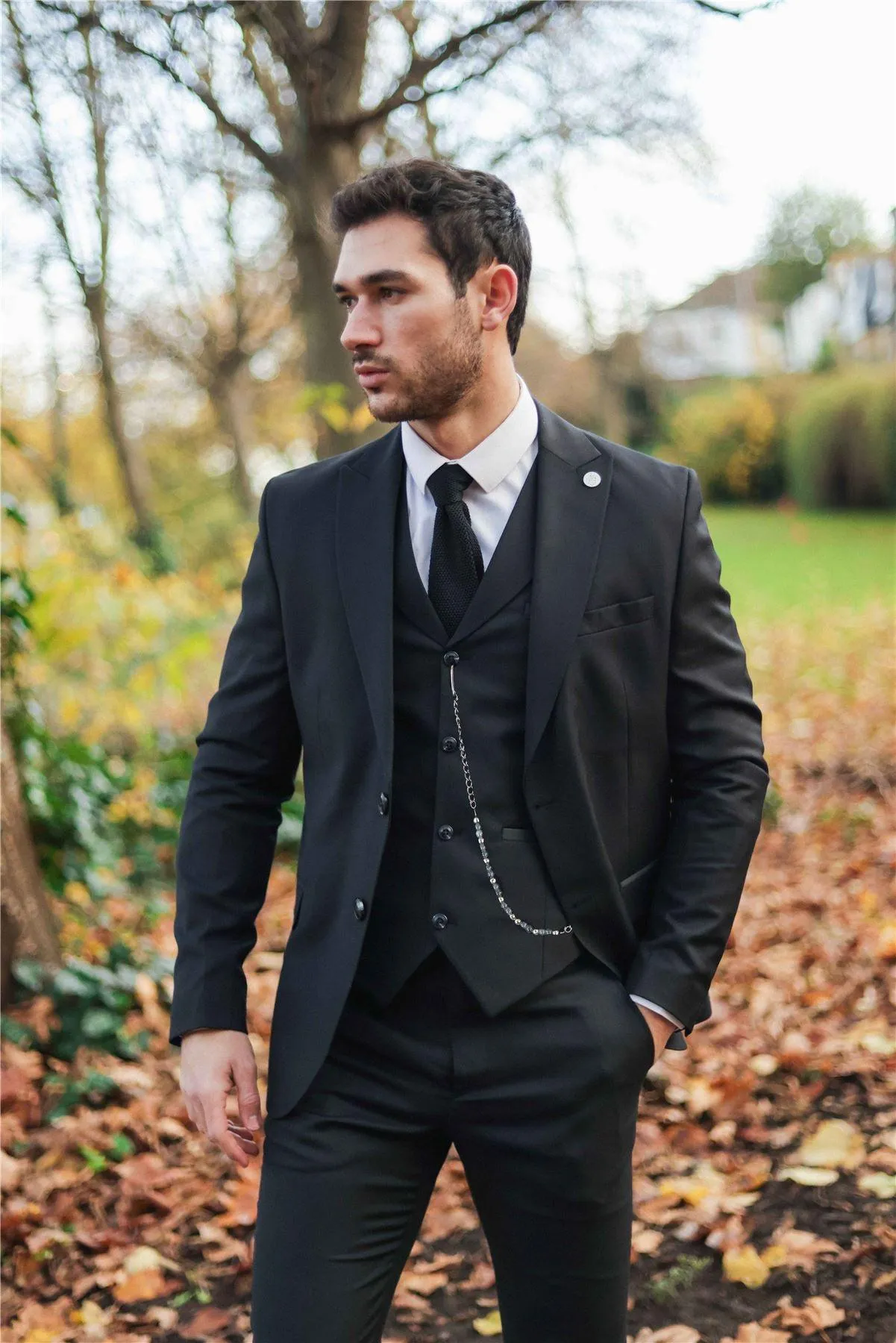 Mens Classic 3 Piece Suit Black Pocket Chain Wedding Tailored Fit Vintage Formal