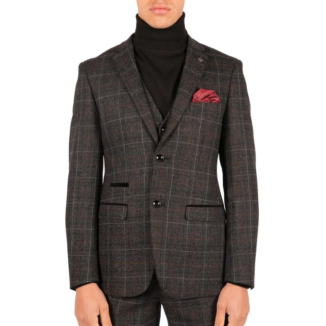 Mens Grey Black 3 Piece Tweed Suit Herringbone Wine Vintage Retro