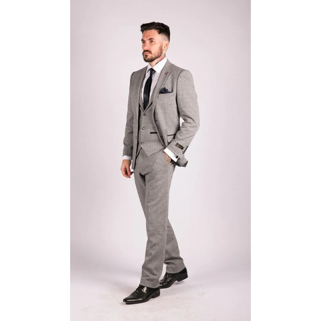 Mens Light Grey 3 Piece Tweed Suit Herringbone Wool Vintage Retro