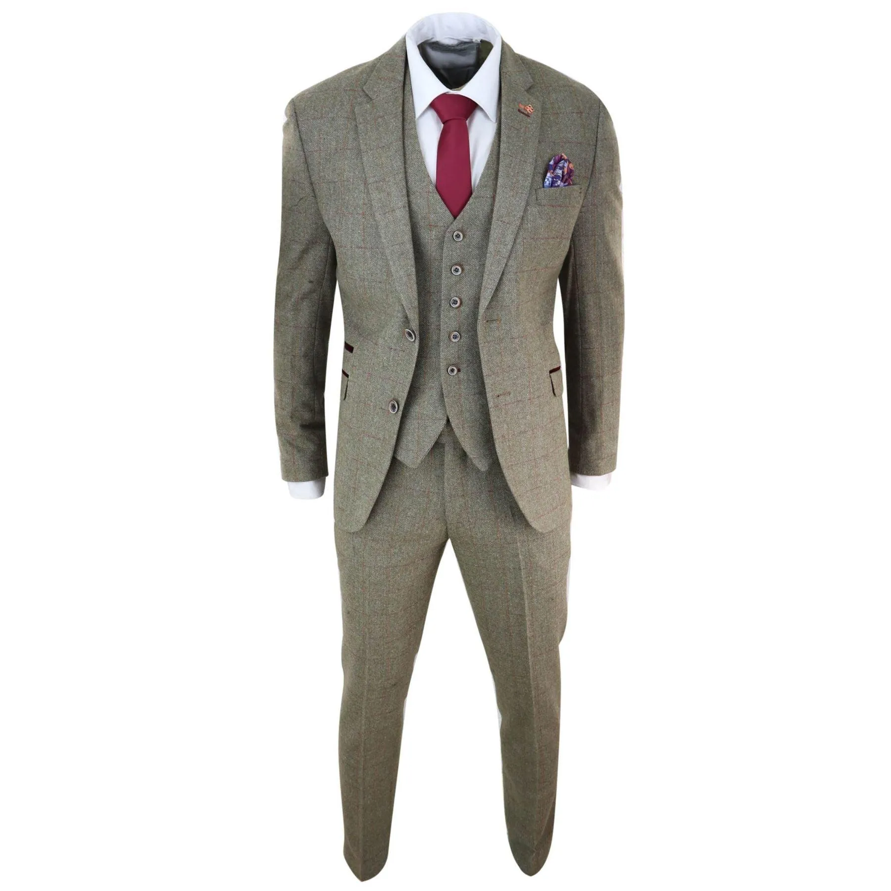 Mens Tweed Check Olive Green Wine Suit Tailored Fit Wedding