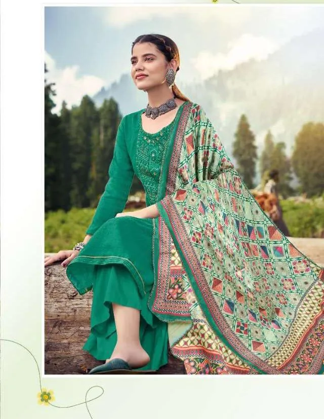 Pashmina Green Winter Unstitched Suit Material With Dupatta