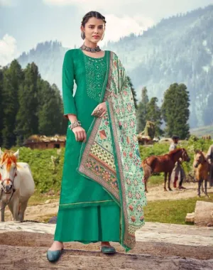 Pashmina Green Winter Unstitched Suit Material With Dupatta