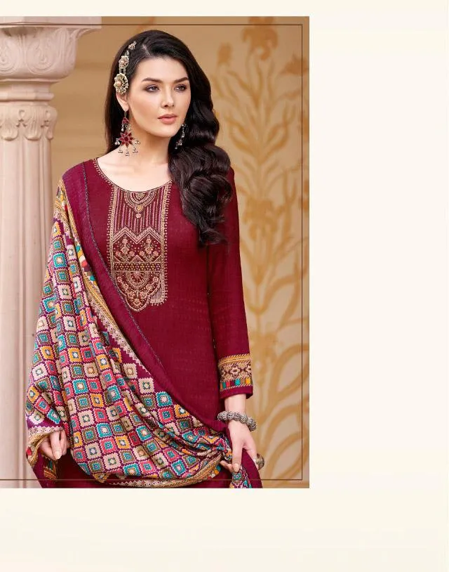 Pashmina Maroon Unstitched Winter Suits With Printed Dupatta