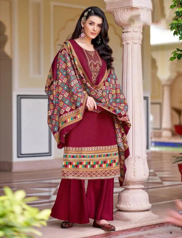 Pashmina Maroon Unstitched Winter Suits With Printed Dupatta