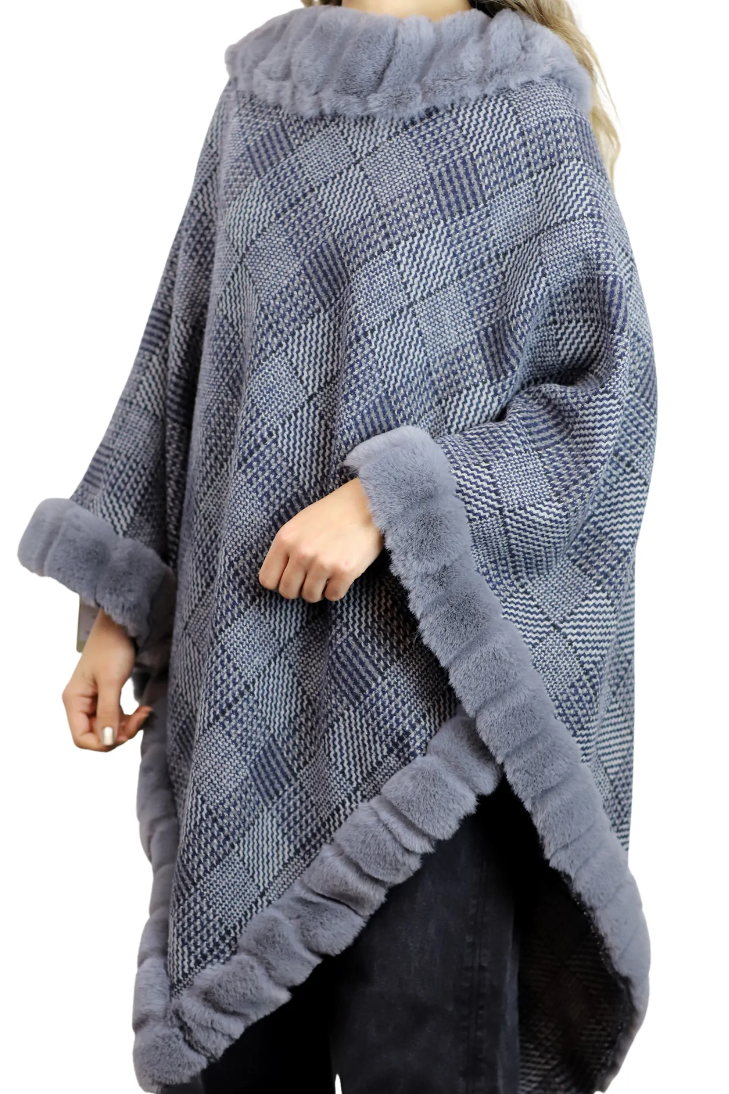 Plaid Poncho with Plush Faux Trim Detail - Grey