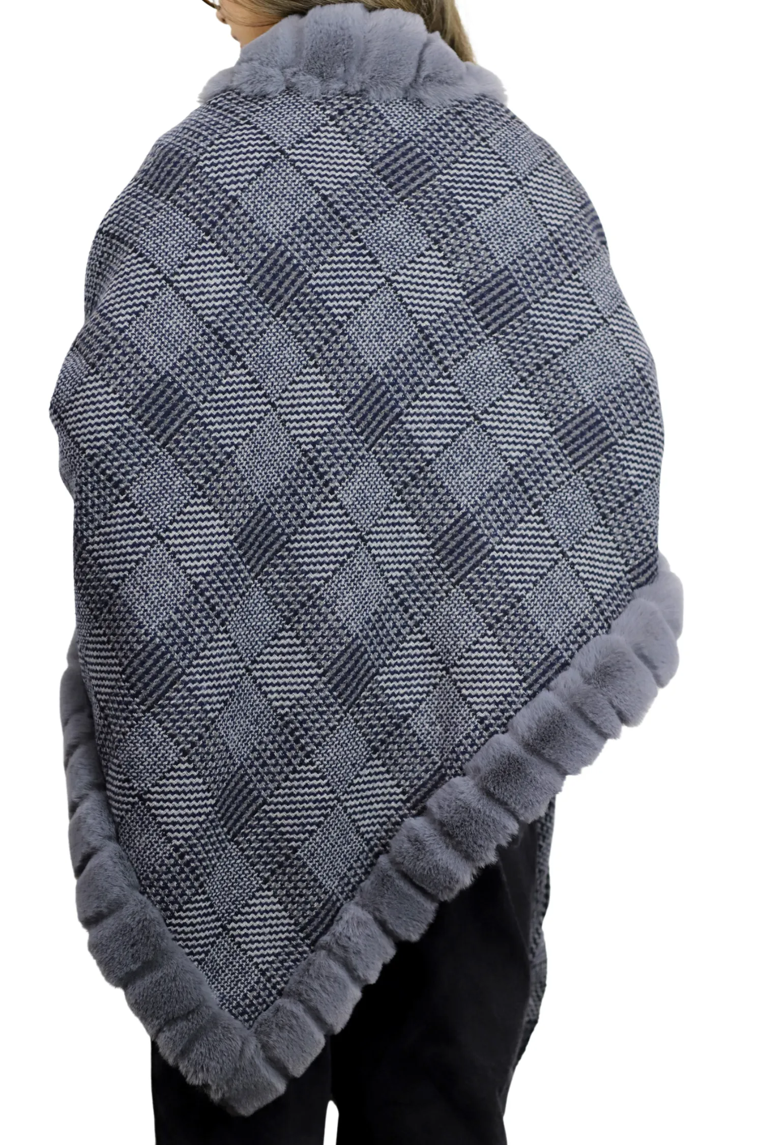 Plaid Poncho with Plush Faux Trim Detail - Grey