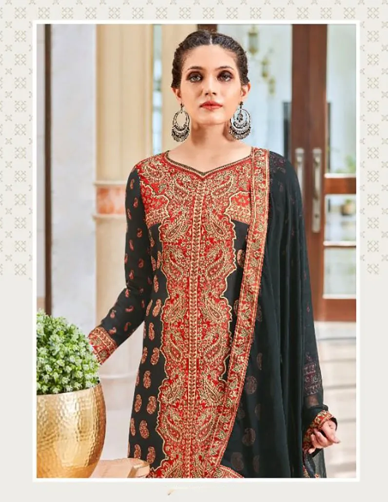 Pure Wool Pashmina Black Winter Unstitched Suit With Dupatta