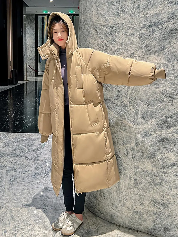 Purpdrank - 2023 Korean Jacket Women Winter X-long Parkas Solid Hooded Thicken Warm Female Snow Wear Coat Padded Loose Clothes