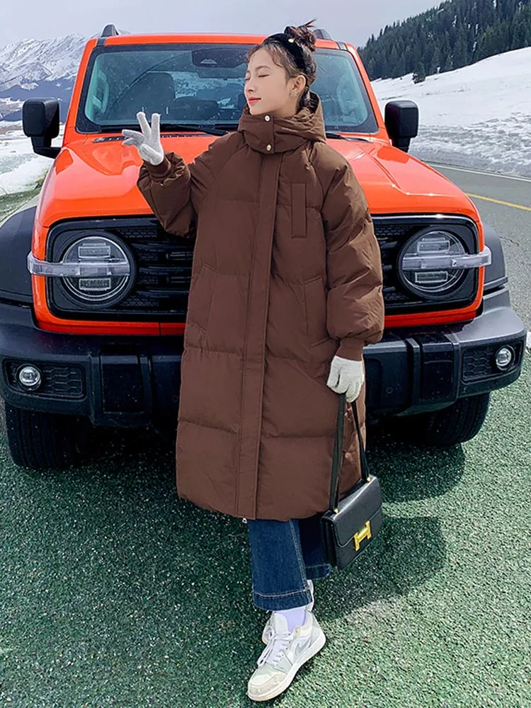 Purpdrank - 2023 Korean Jacket Women Winter X-long Parkas Solid Hooded Thicken Warm Female Snow Wear Coat Padded Loose Clothes