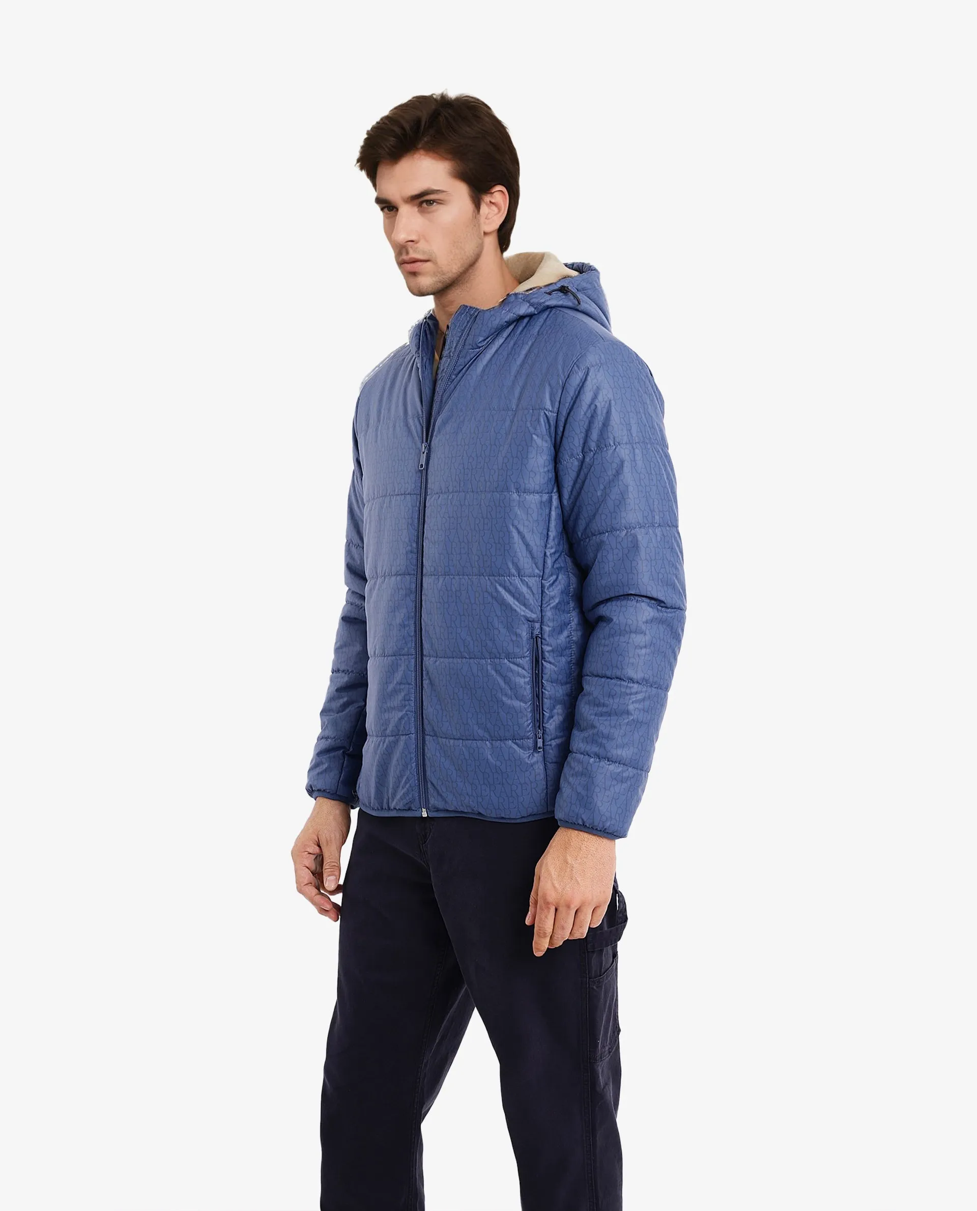 Rare Rabbit Men's Vasto Petrol Polyester Fabric Full Sleeve Zipper Closure Hooded Monogram Print Puffer Jacket