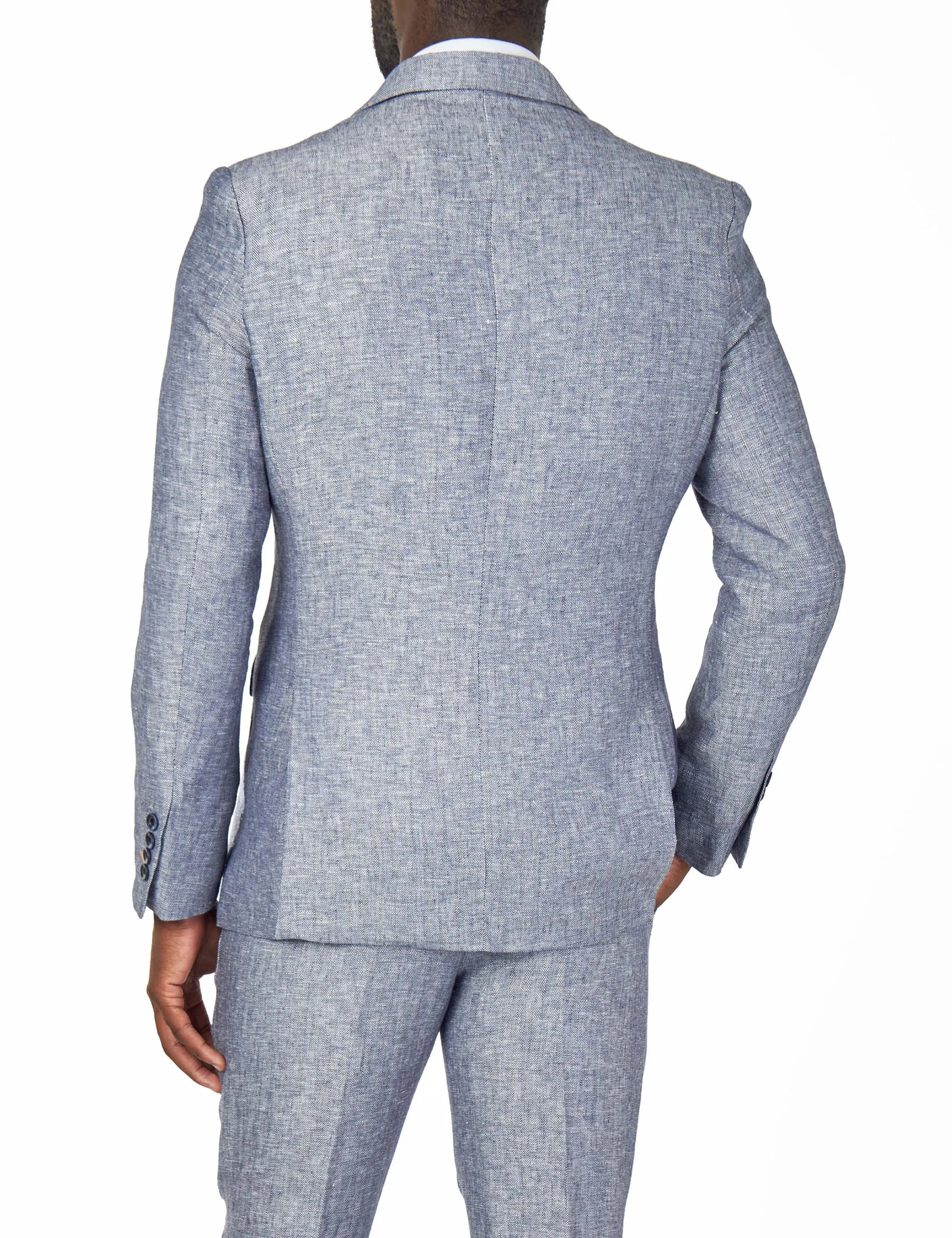 RAY – Grey Blue Tailored Fit Double Breasted Suit Herringbone Linen