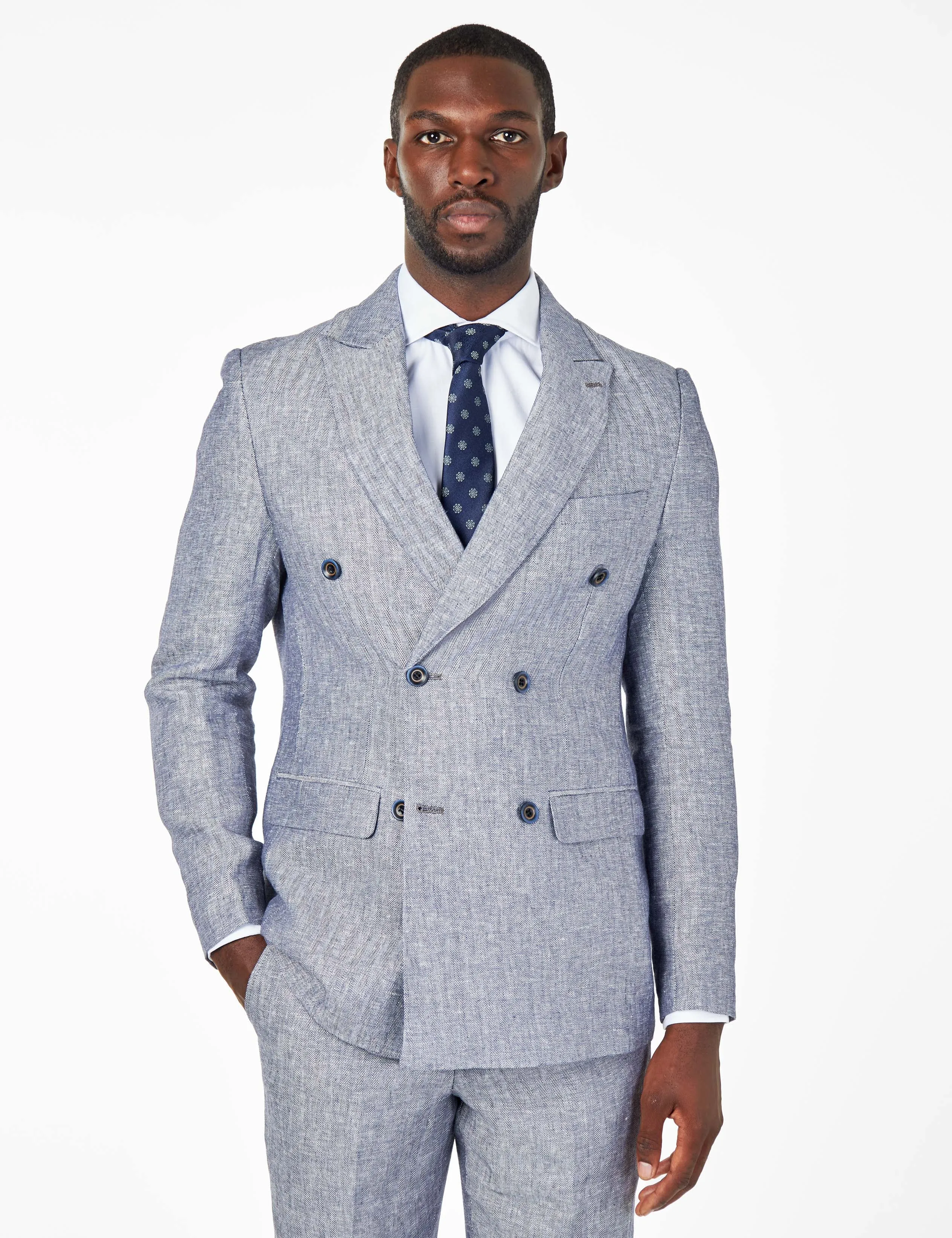 RAY – Grey Blue Tailored Fit Double Breasted Suit Herringbone Linen