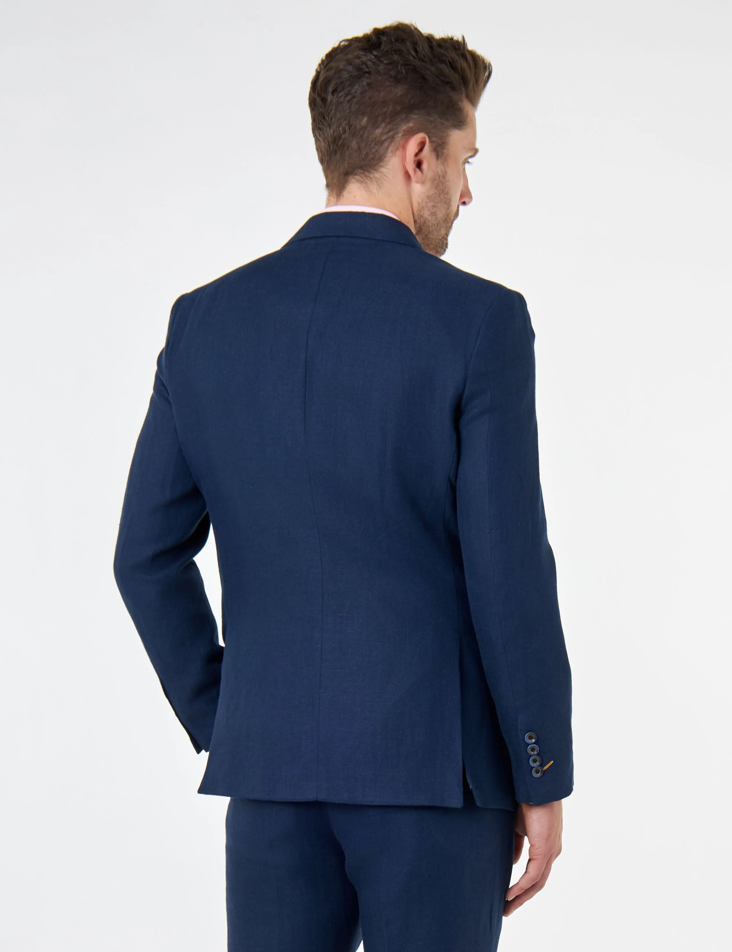 RAY - Tailored Fit Double Breasted Suit in Navy Herringbone Linen