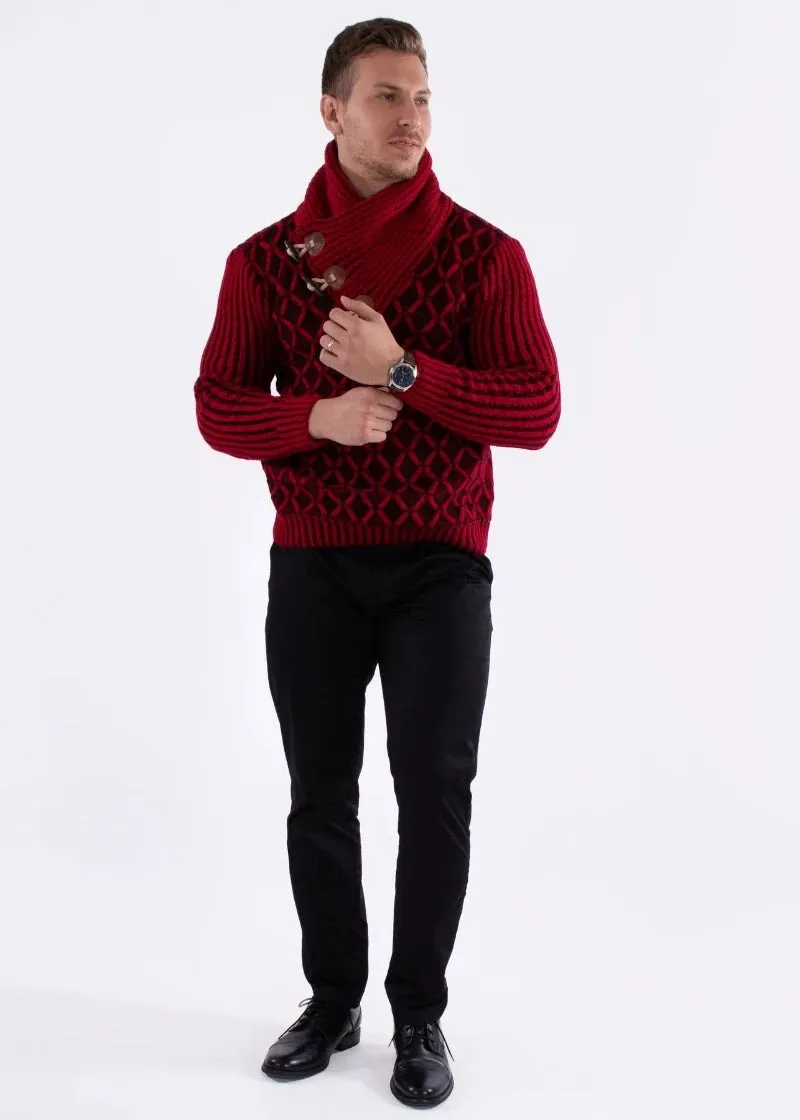 Red Men's Sweater Shawl Fur Collar Side Pockets High-Neck Pullover Sweater