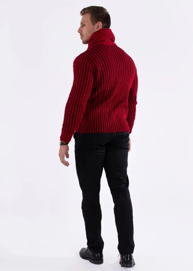 Red Men's Sweater Shawl Fur Collar Side Pockets High-Neck Pullover Sweater