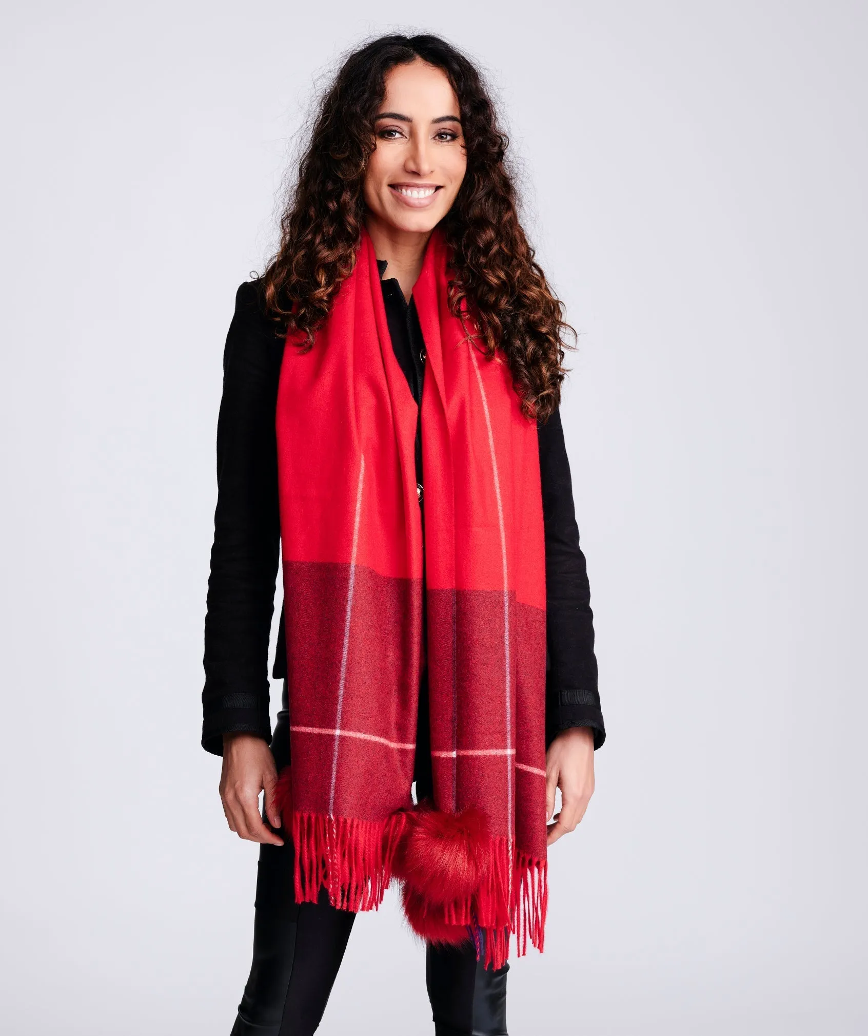 Red Pom Pom Embellished Checked Scarf