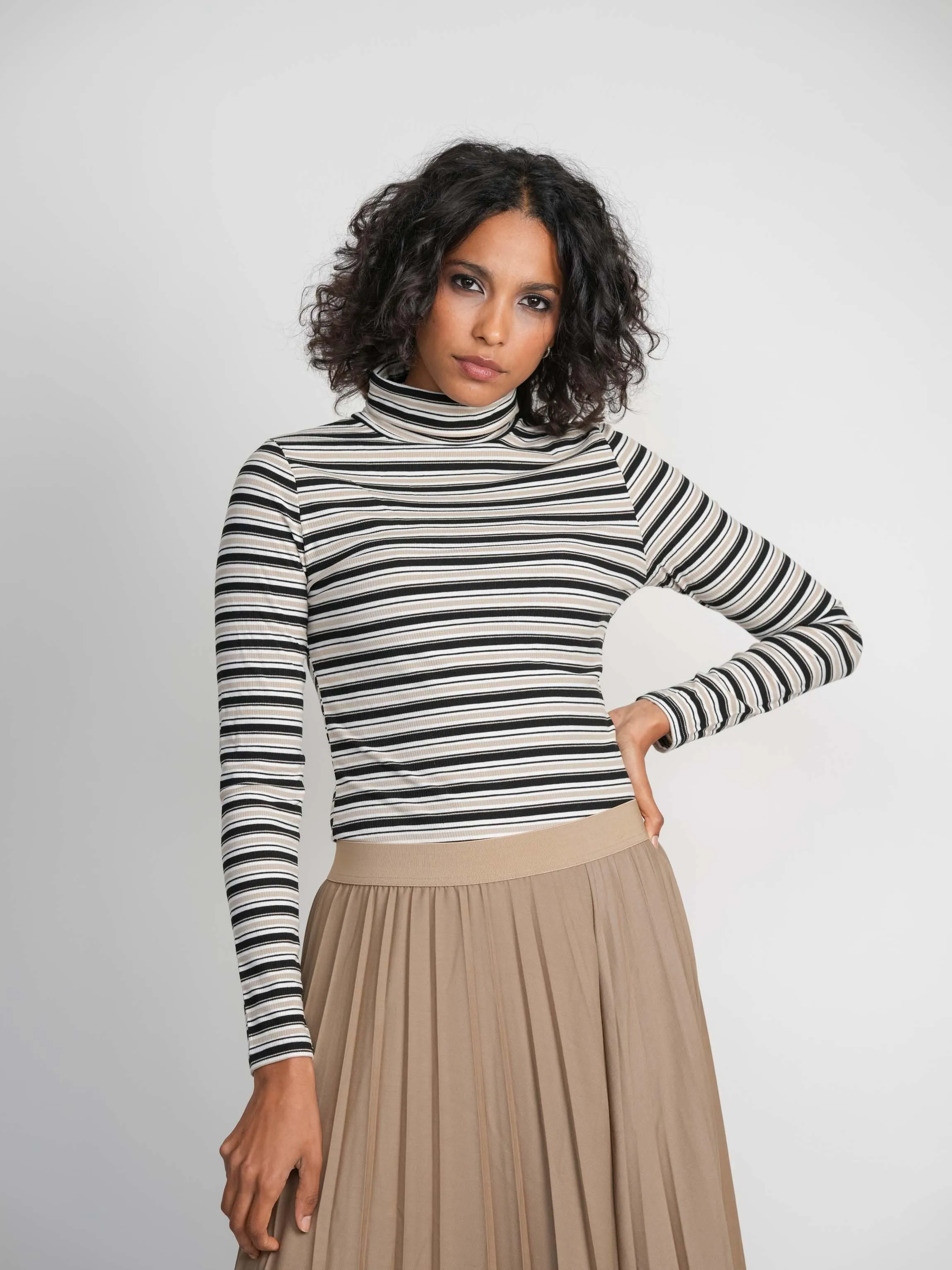 STRIPE RIBBED TURTLENECK-BLACK/CREAM