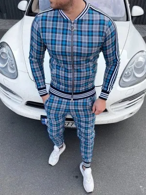 Stylish Casual Blue Checked Print Sports 2 Piece Set