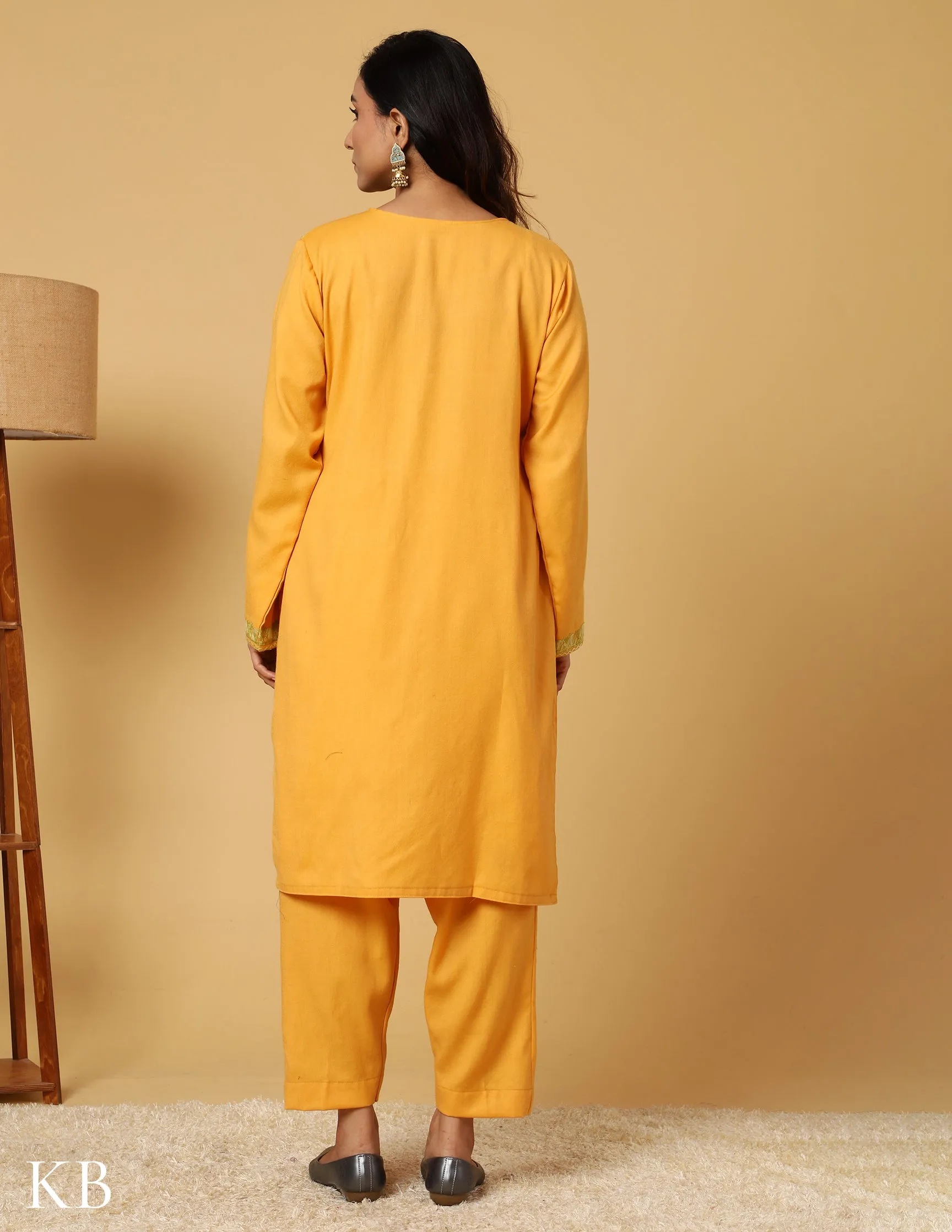 Sunshine Yellow Aari Embroidered Woolen Suit Set