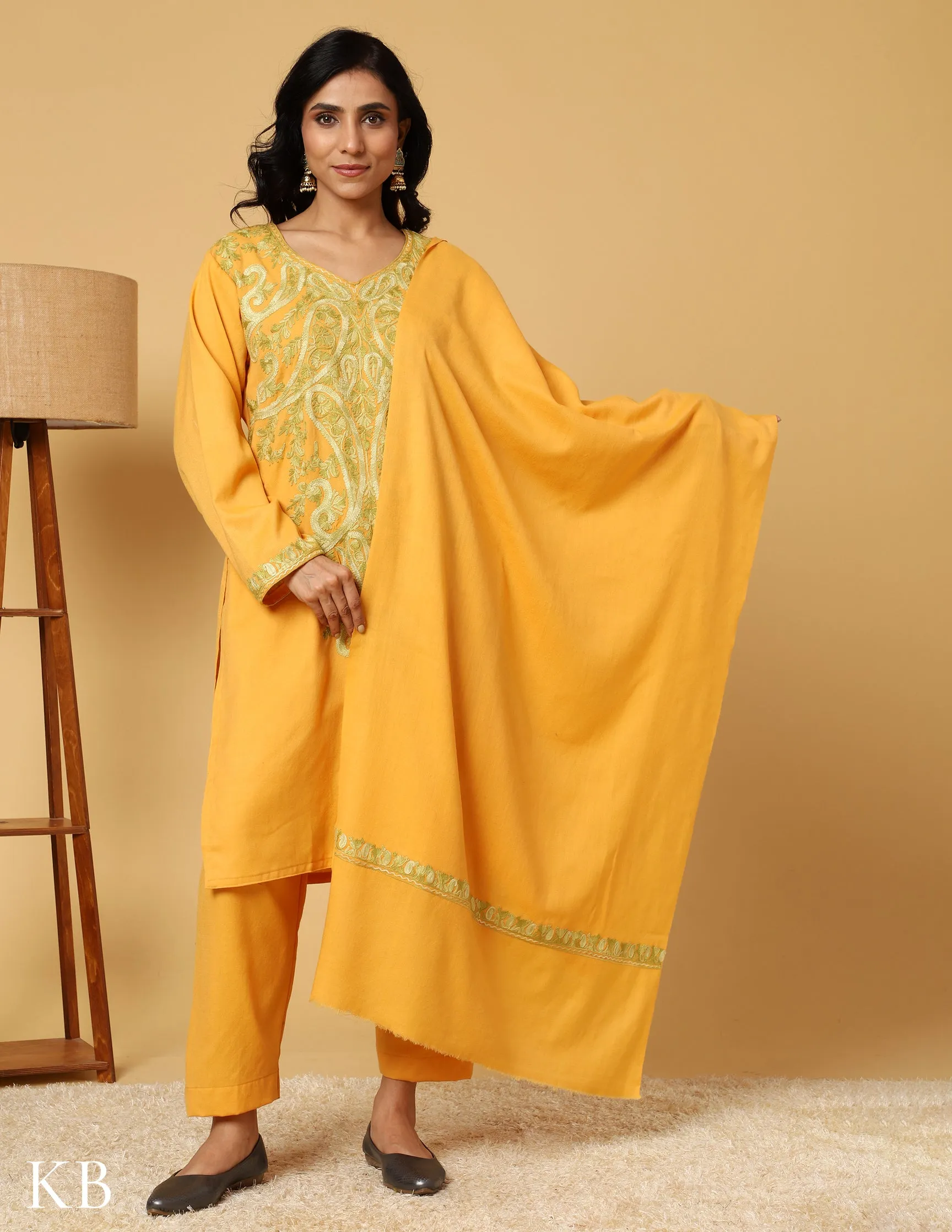 Sunshine Yellow Aari Embroidered Woolen Suit Set