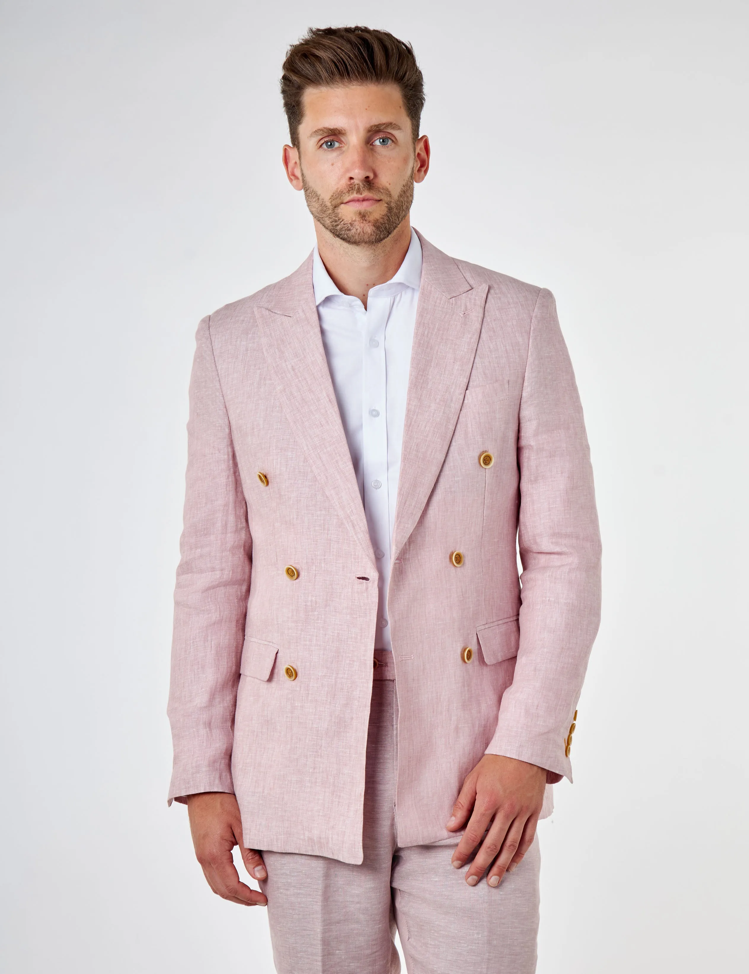 Tailored Fit Double Breasted Pink Linen Suit