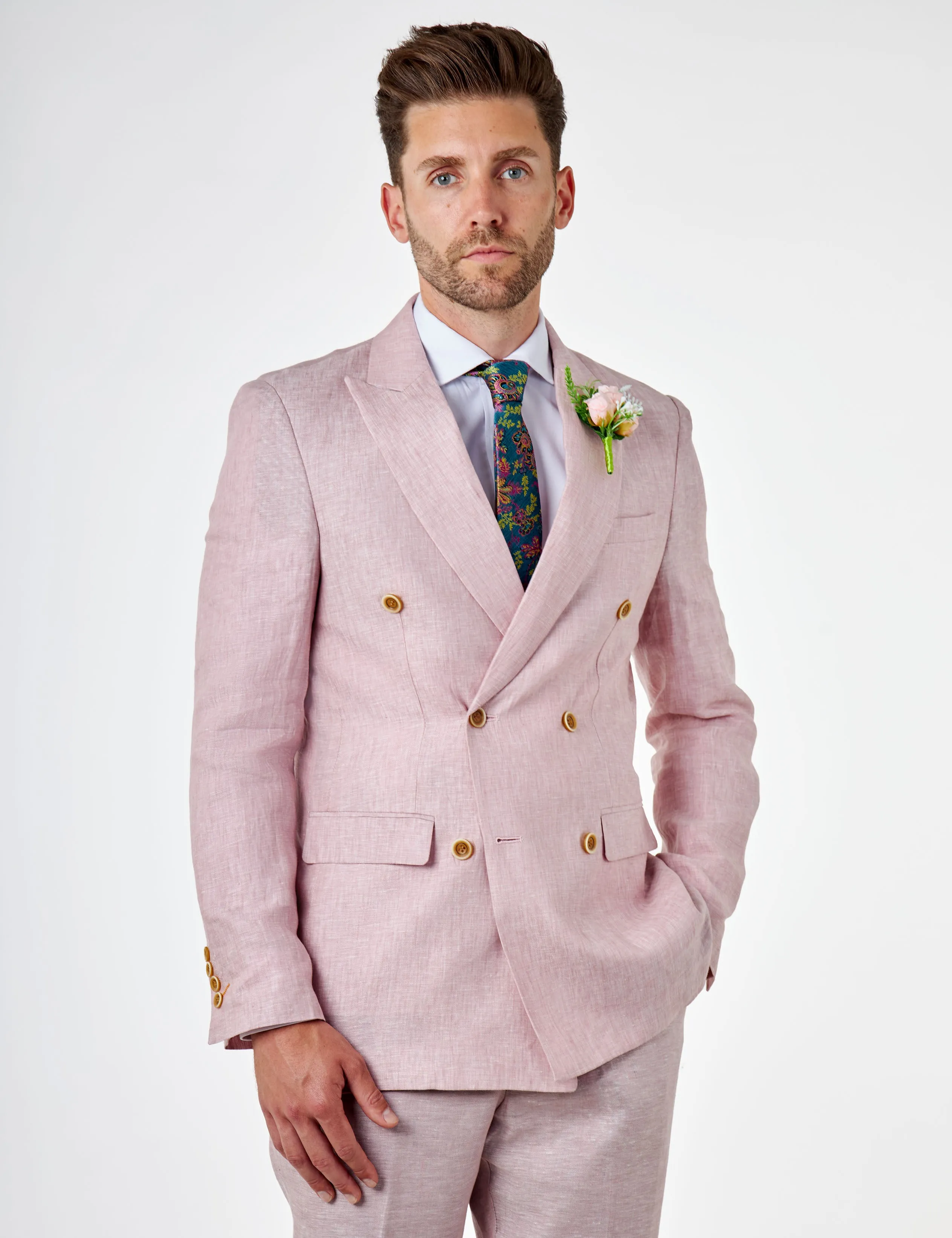 Tailored Fit Double Breasted Pink Linen Suit