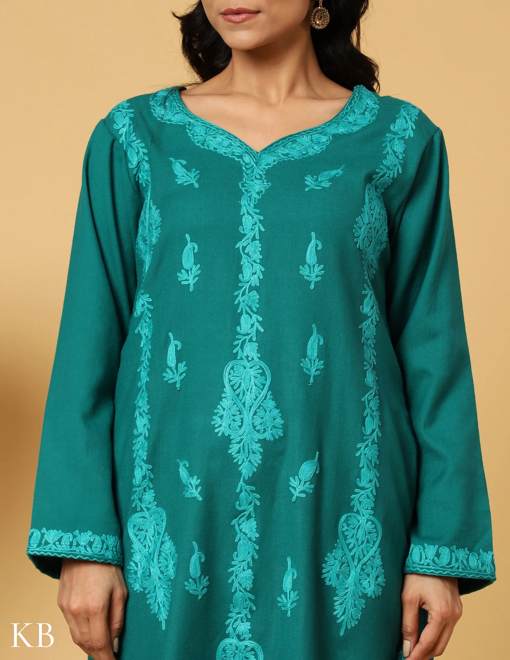 Tone On Tone Green Aari Embroidered Woolen Suit