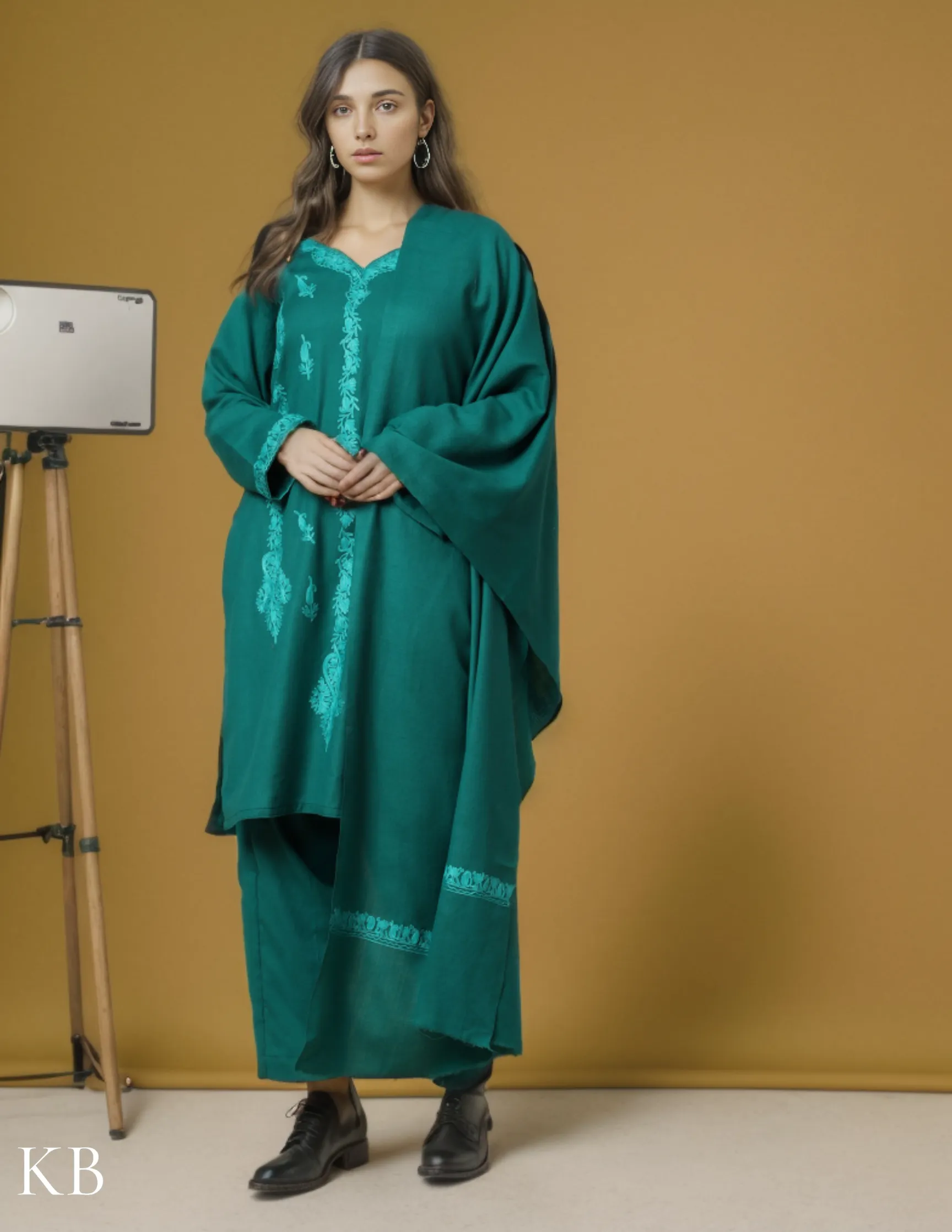 Tone On Tone Green Aari Embroidered Woolen Suit