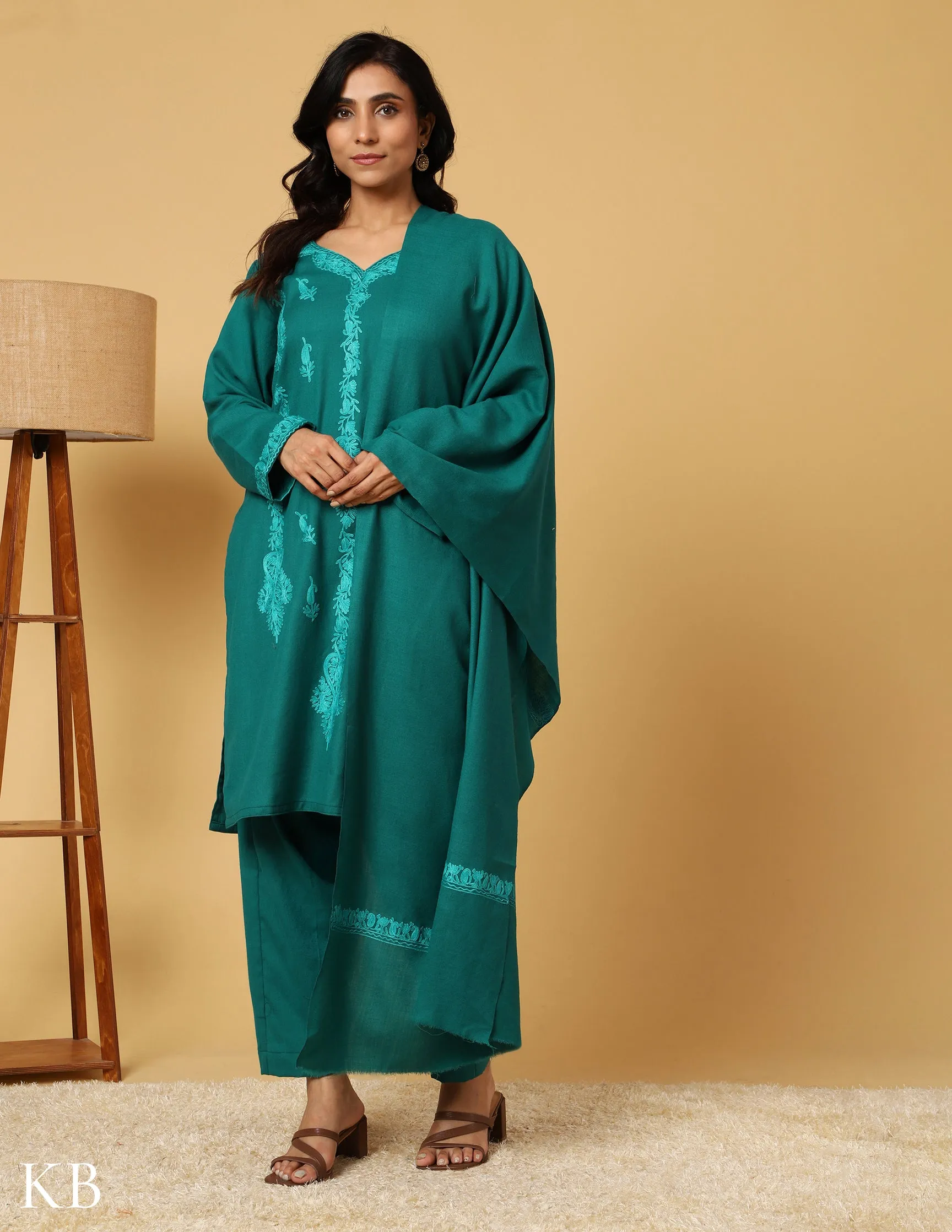 Tone On Tone Green Aari Embroidered Woolen Suit