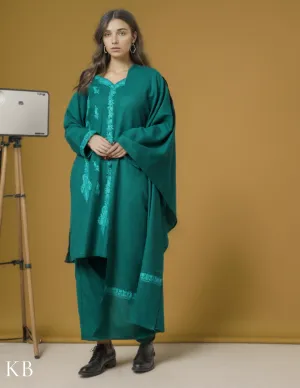 Tone On Tone Green Aari Embroidered Woolen Suit