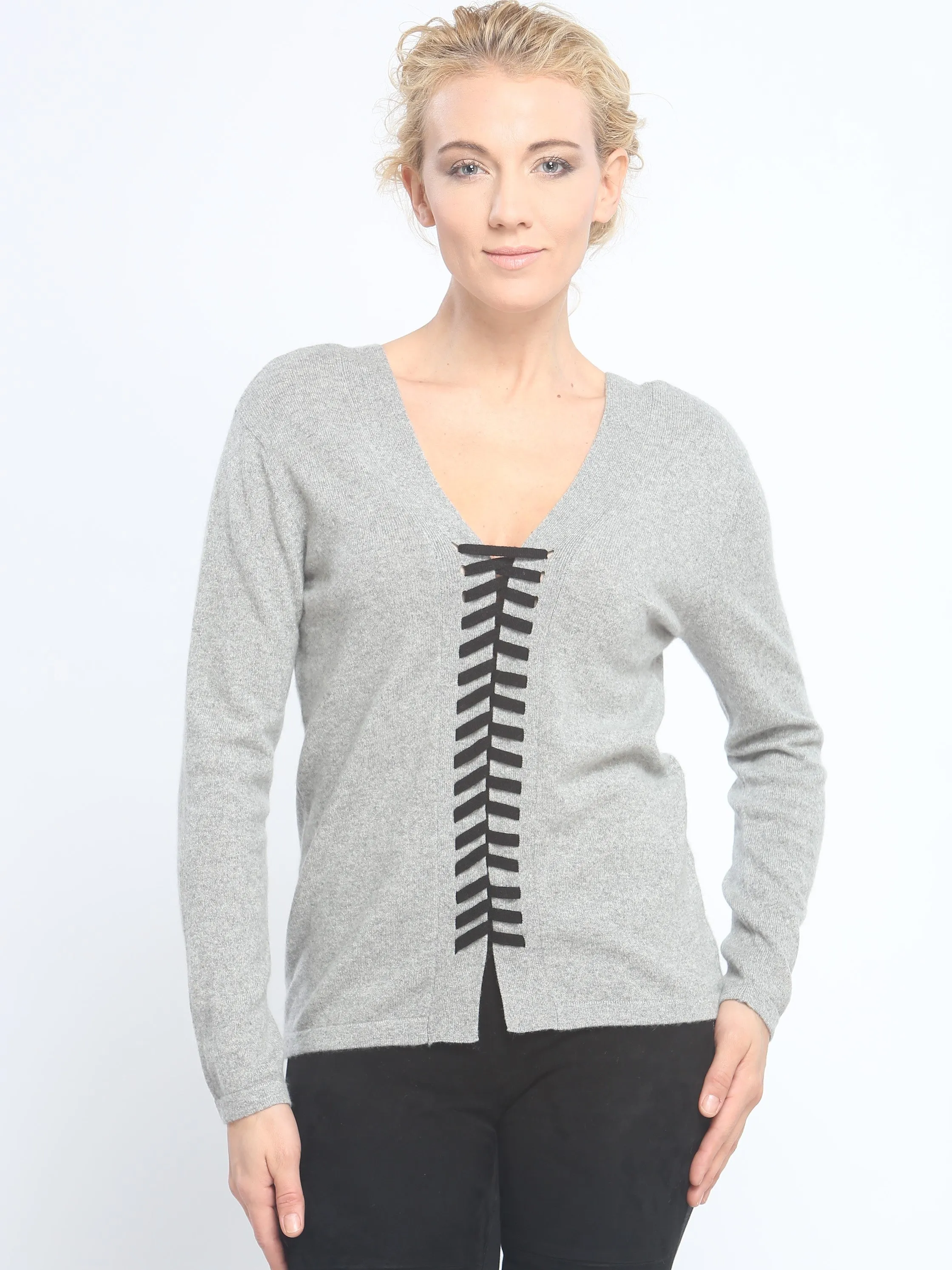 Two-Way Lace Up Detailed V Neck Pullover in Cashmere