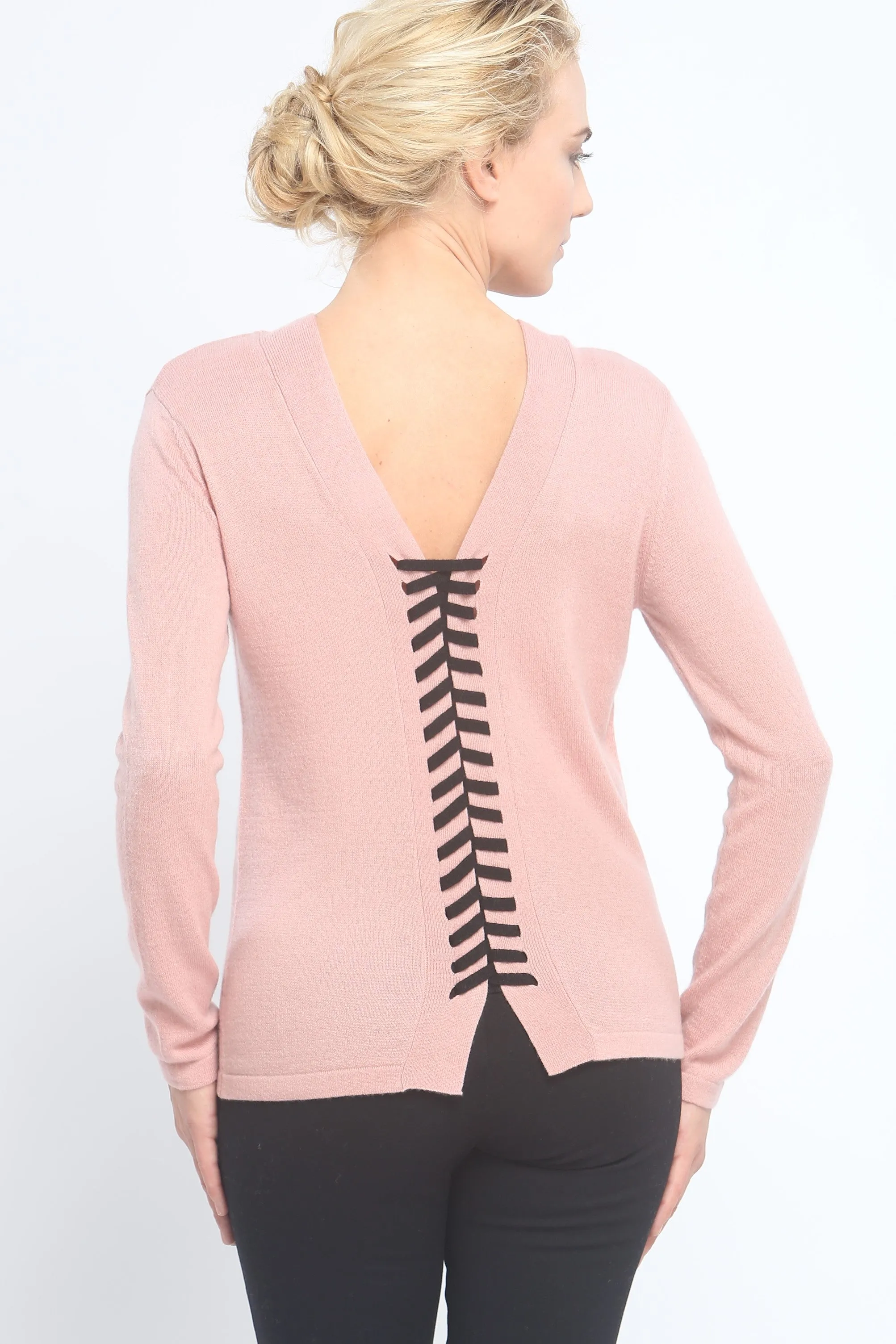 Two-Way Lace Up Detailed V Neck Pullover in Cashmere