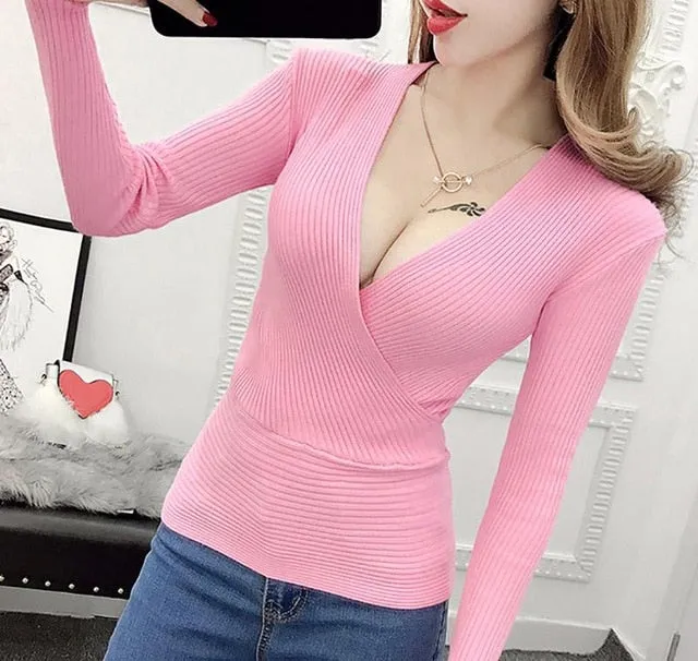 VenusFox Knitted Sweater V Neck Long Sleeve Cashmere Sweater