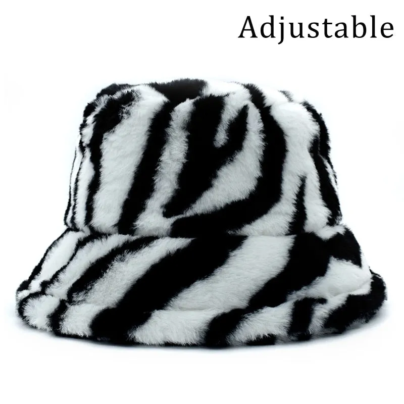 Winter Cow Leopard Faux Fur Fluffy Bucket Hats