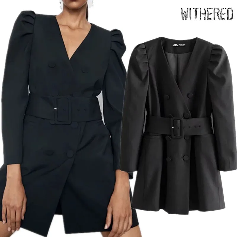 Withered england blazer sashes puff sleeve suits long blazers dress women vestidos de fiesta de noche vestidos party dress women