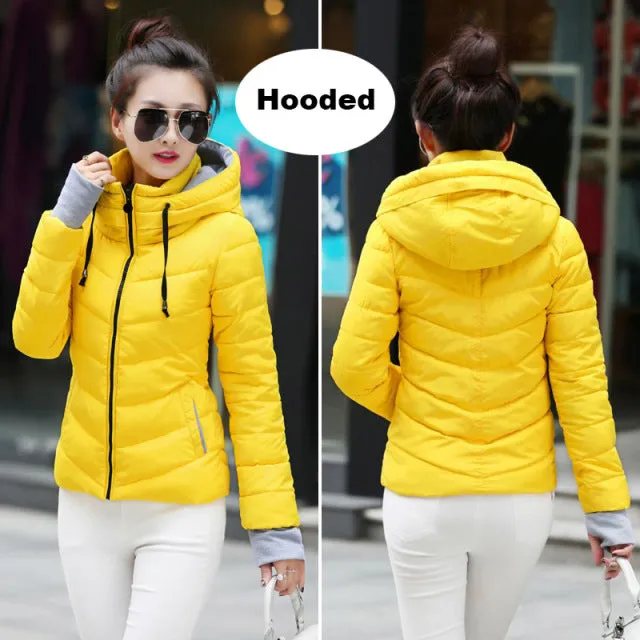 Wjczt 2022 Winter Jacket women Short Womens Parkas Thicken Outerwear solid hooded Coats Zipper Female Slim Cotton padded basic tops