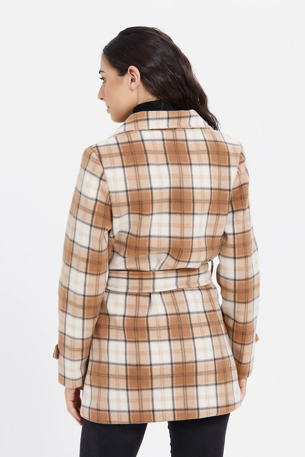 Women Beige Checked Coat