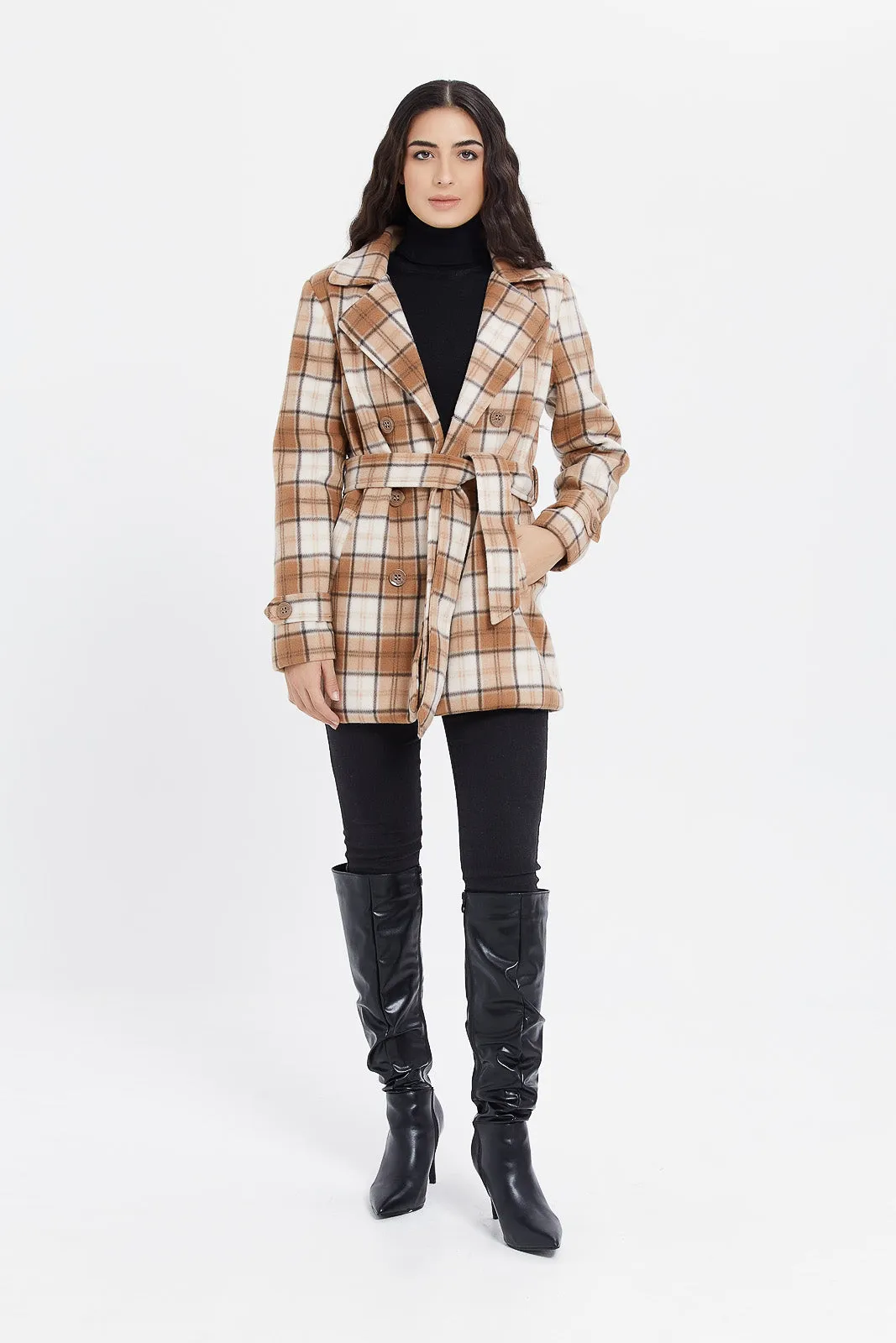 Women Beige Checked Coat