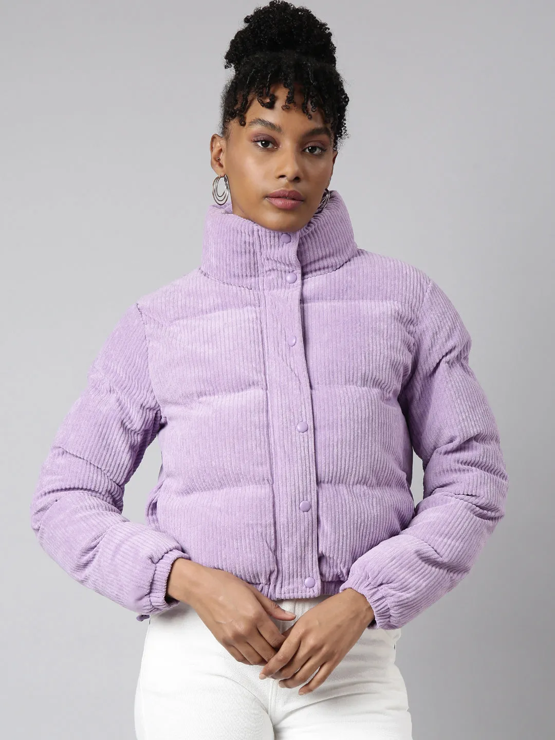 Women Solid Lavender Puffer Jacket