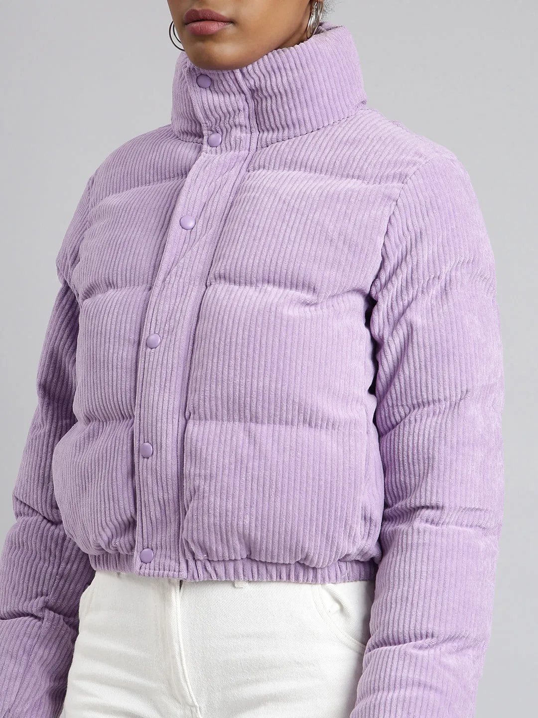 Women Solid Lavender Puffer Jacket