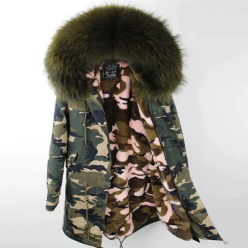 Women's Winter Casual Hooded Polyester Parka With Raccoon Fur