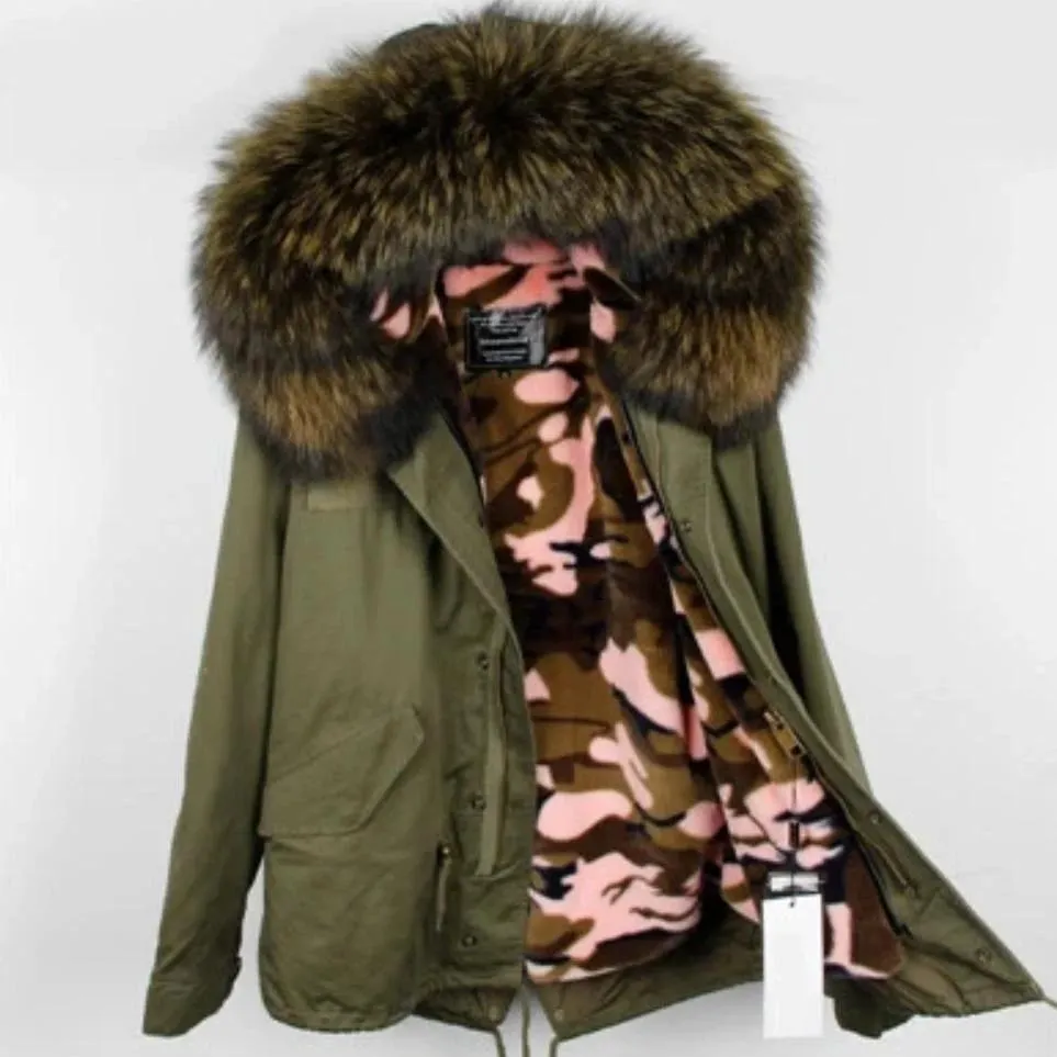 Women's Winter Casual Hooded Polyester Parka With Raccoon Fur