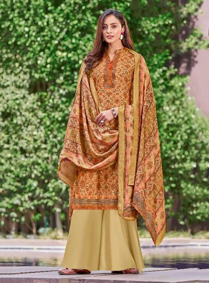 Women's Wool Pashmina Beige Unstitched Suit Material with Shawl