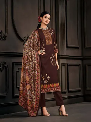 Wool Pashmina Coffee Brown Unstitched Winter Ladies Suits Set